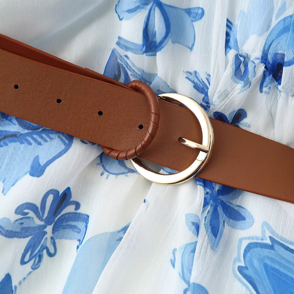 V-neck ruffle edge layered decoration with belt dress for women