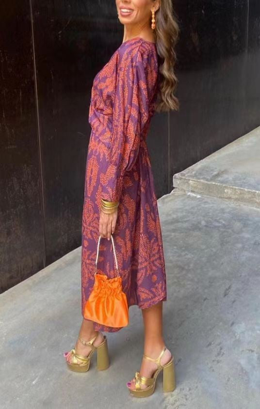 Printed V-neck medium length dress for women