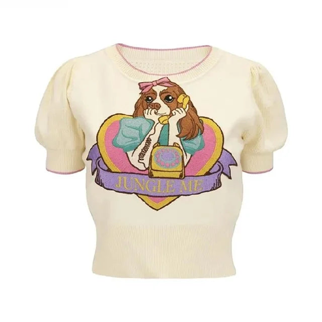 Cartoon Embroidered Sweater Women Knitted Tshirt Pullovers Stylish Fashion Chic Ladies Tops Summer Puff Short Sleeve Jumper