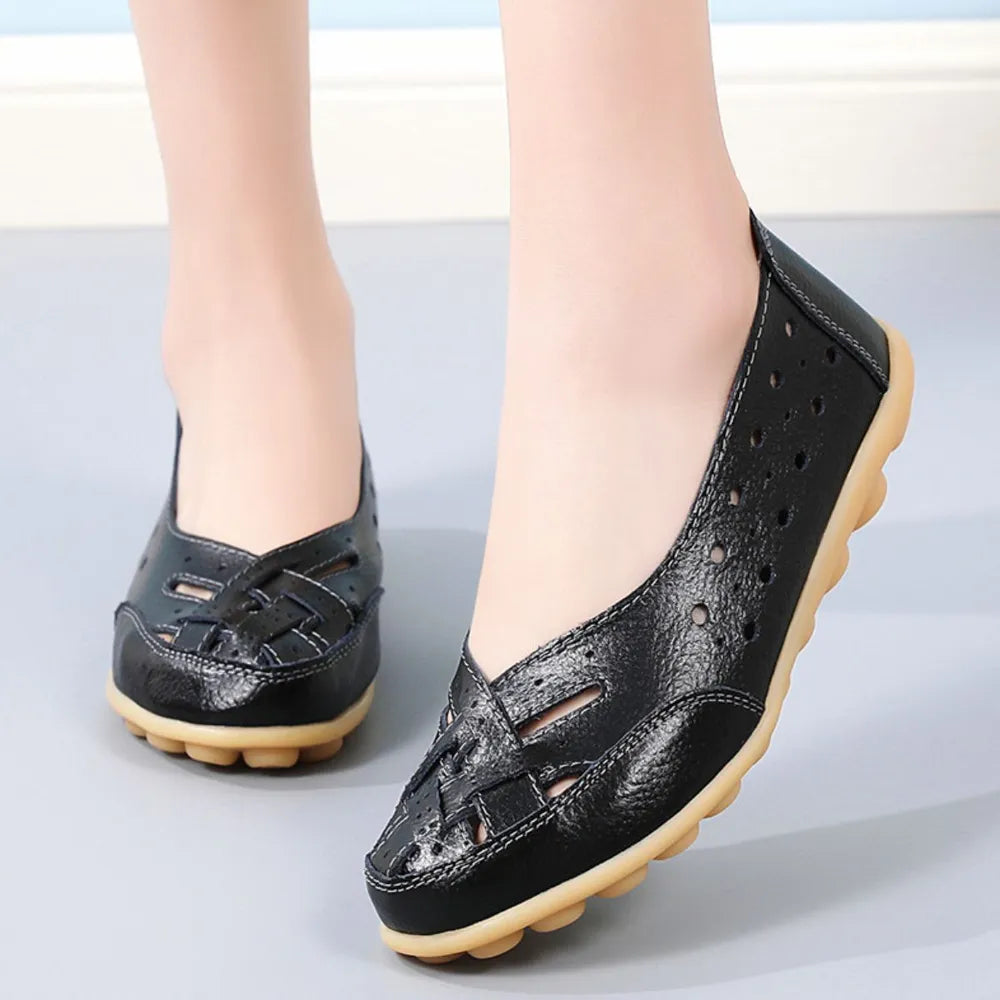 Summer women's hollowed out loafers with cow tendon sole and bean shaped shoes