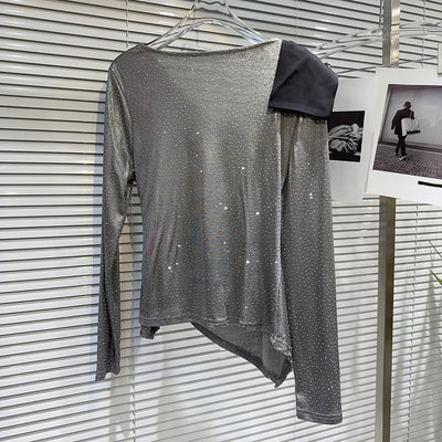 Autumn New Item Fashion Women's Hot Diamond Slanted Neck Pleated Mesh T-shirt Versatile Solid Color Top Female