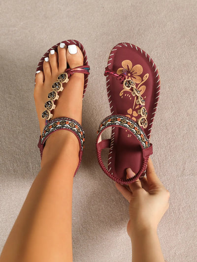 Western Asian ethnic style women's shoes summer fashion beach flat sandals beaded diamond clip on shoes
