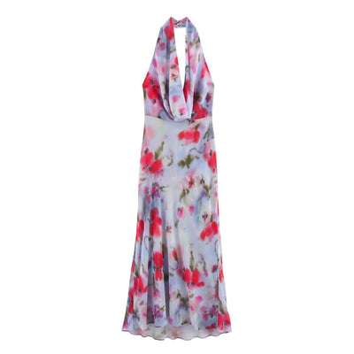 Bareback irregular skirt mid length hanging neck dress for women