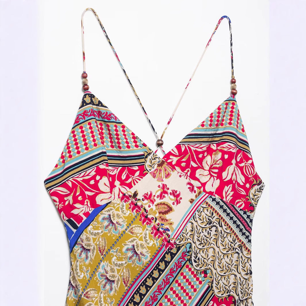 Fashion printed camisole backless MIDI dress for women