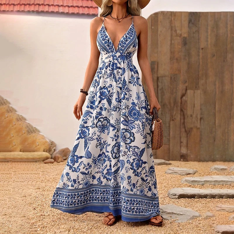 V-neck camisole long skirt holiday print dress for women