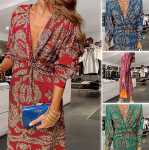 Printed V-neck medium length dress for women