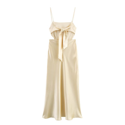 Backless lace up silk texture suspender dress for women
