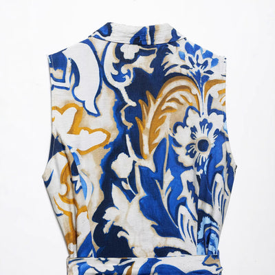 V-neck cuffless waistband printed MIDI dress for women