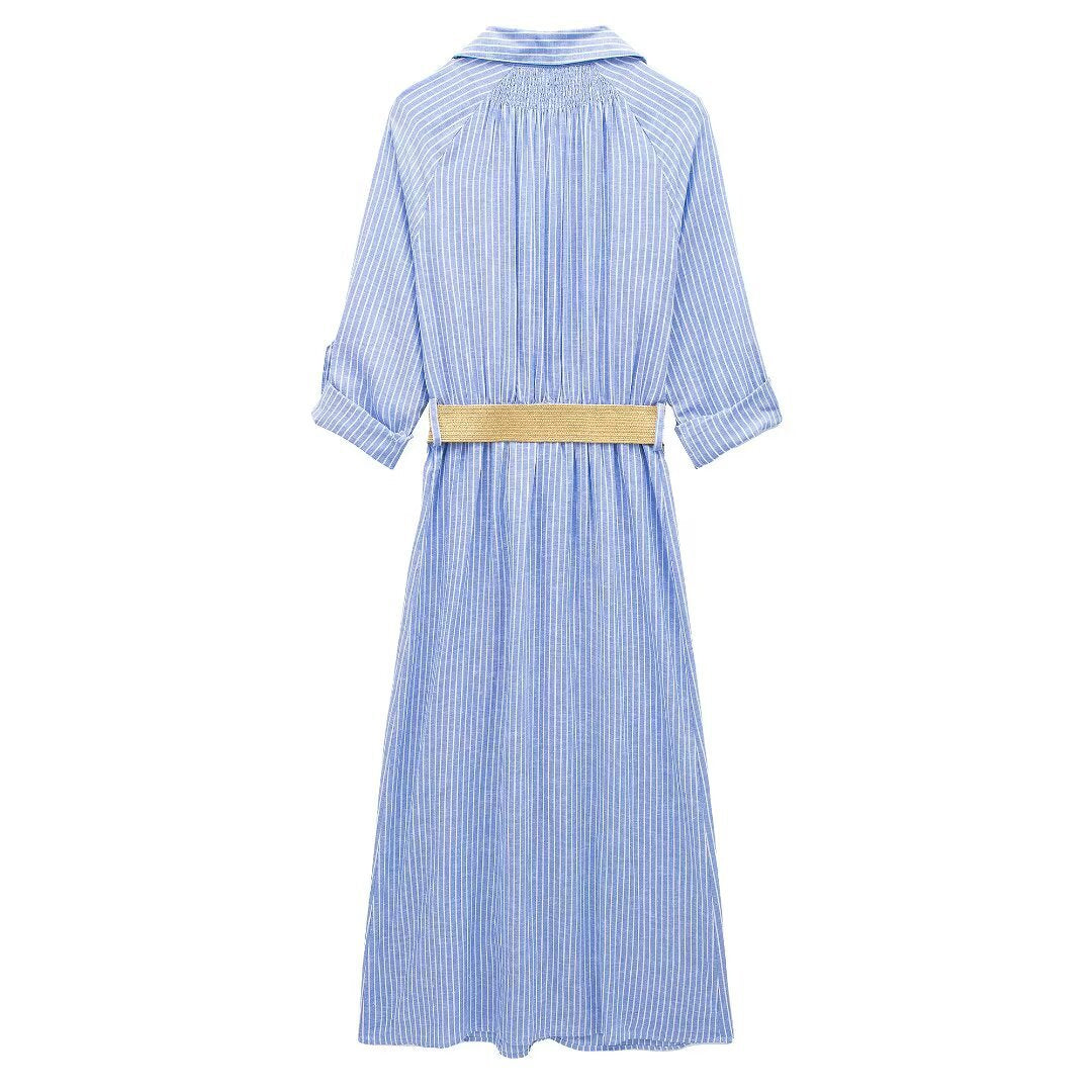 Collar striped single breasted dress with belt and shirt style dress