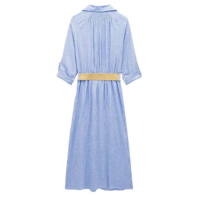 Collar striped single breasted dress with belt and shirt style dress