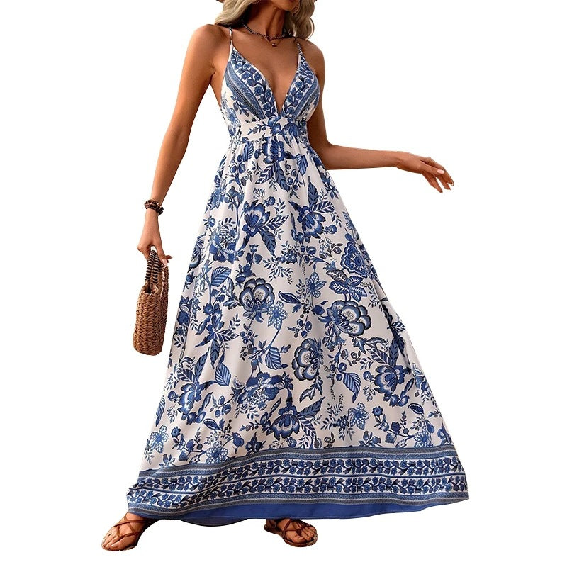 V-neck camisole long skirt holiday print dress for women