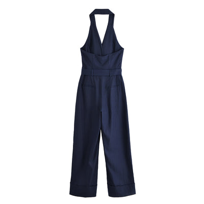 Backless waist belt hanging neck jumpsuit/pants for women