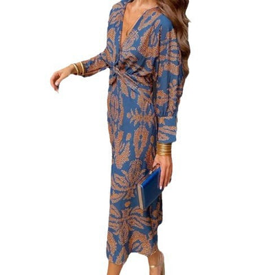 Printed V-neck medium length dress for women