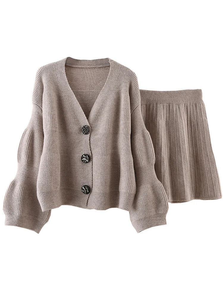 Elegant Knited Two-piece Set Women's V-neck Single Breasted Cardigan With Short Skirts Female