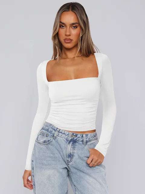 Spring Summer Women's Long Sleeve T-shirt Female Slim Square Neck Top Y2K Lady's Solid Color Bottoming Shirt Women's Clothing