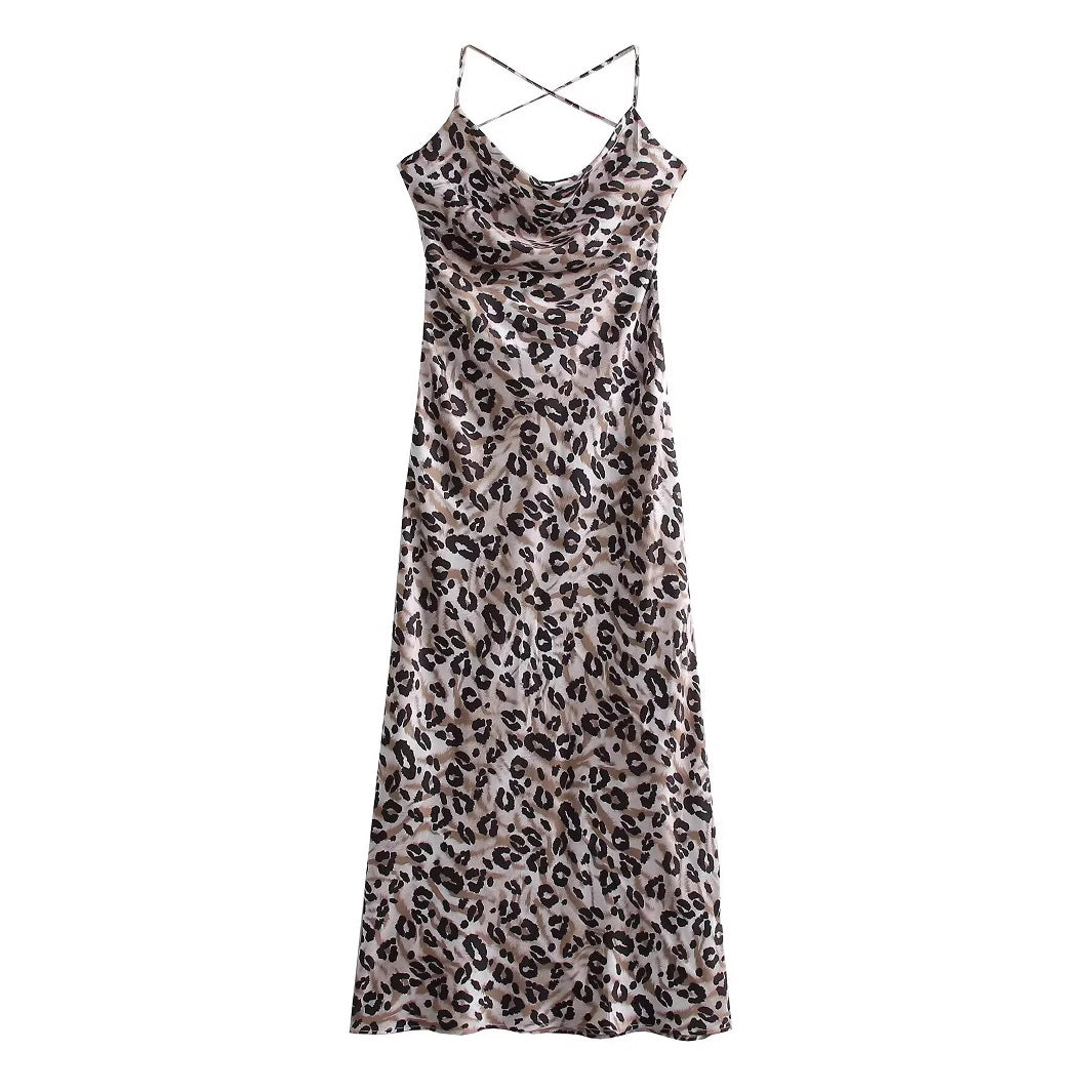 Leopard print backless swing collar camisole dress for women