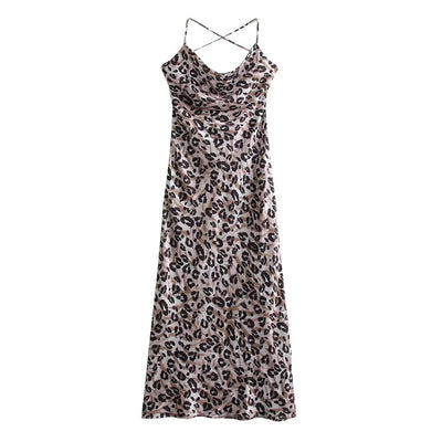 Leopard print backless swing collar camisole dress for women