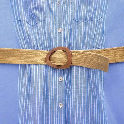 Collar striped single breasted dress with belt and shirt style dress
