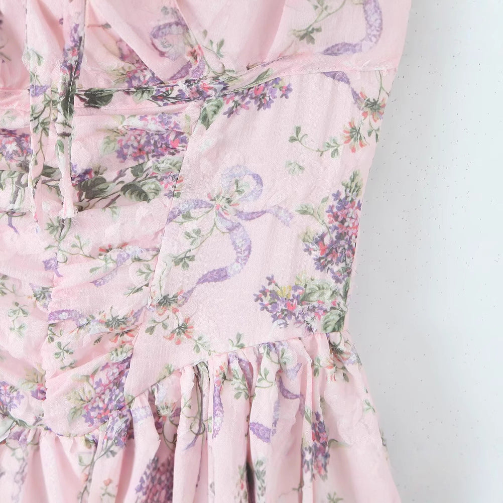 Printed waist cinching suspender dress for women