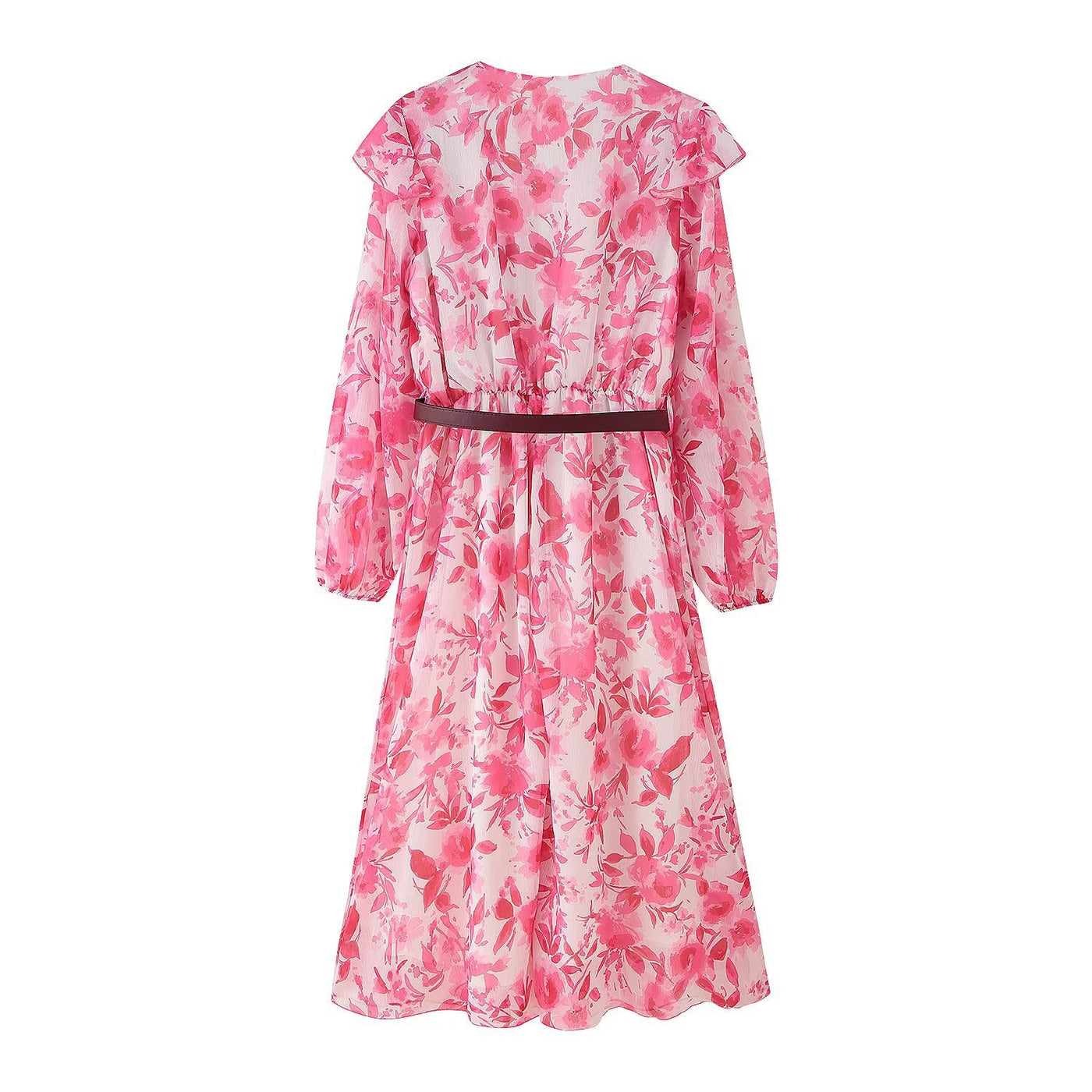 V-neck ruffle edge with belt printed dress for women