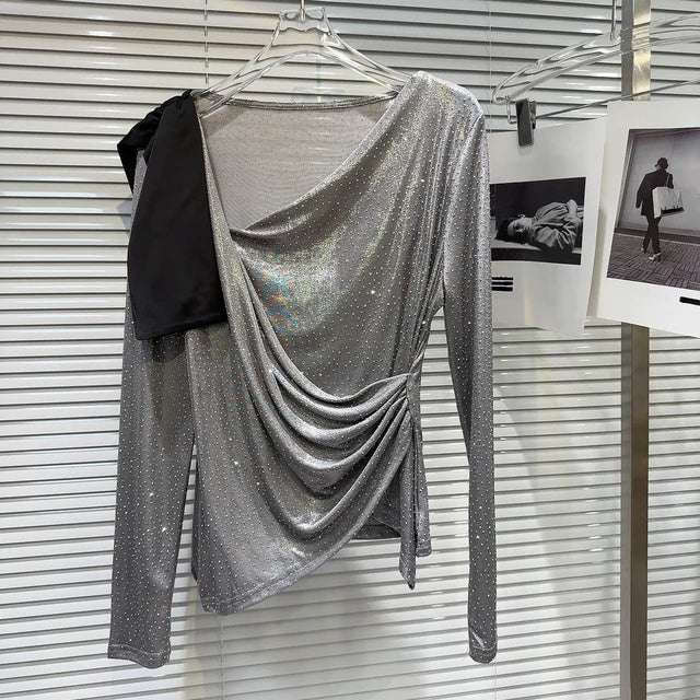 Autumn New Item Fashion Women's Hot Diamond Slanted Neck Pleated Mesh T-shirt Versatile Solid Color Top Female