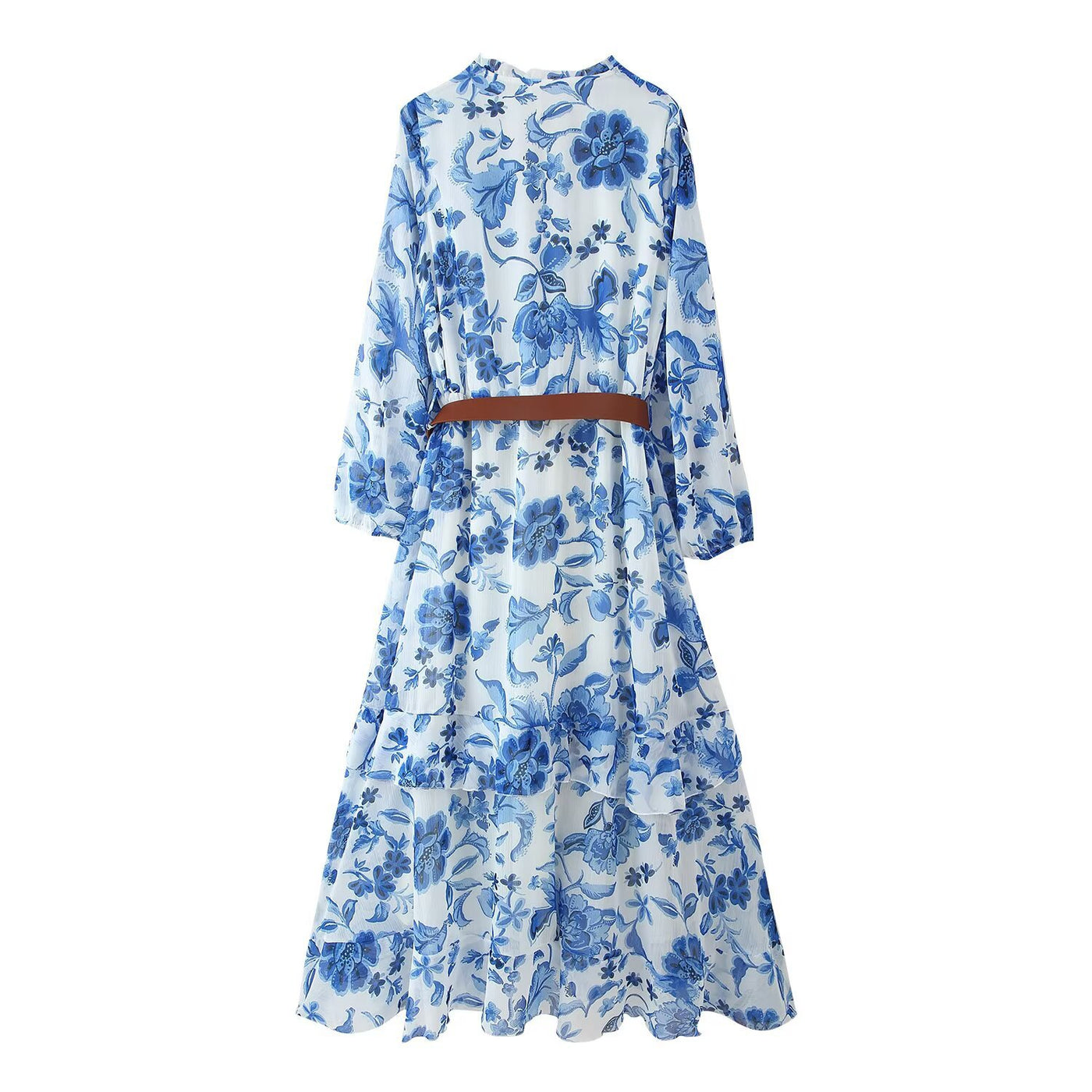 V-neck ruffle edge layered decoration with belt dress for women