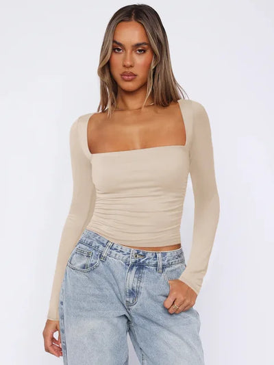 Spring Summer Women's Long Sleeve T-shirt Female Slim Square Neck Top Y2K Lady's Solid Color Bottoming Shirt Women's Clothing