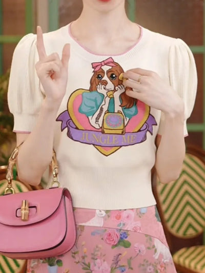 Cartoon Embroidered Sweater Women Knitted Tshirt Pullovers Stylish Fashion Chic Ladies Tops Summer Puff Short Sleeve Jumper