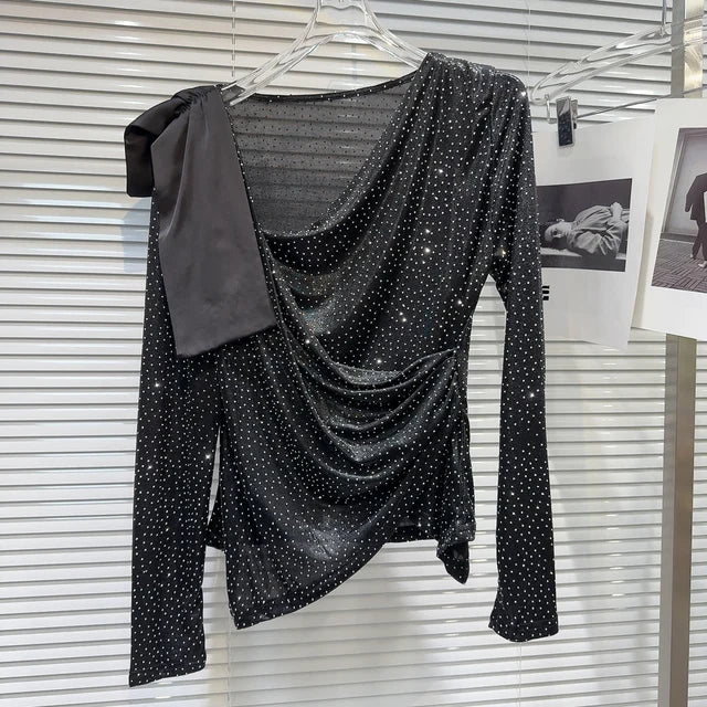 Autumn New Item Fashion Women's Hot Diamond Slanted Neck Pleated Mesh T-shirt Versatile Solid Color Top Female