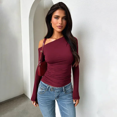 Women's One Shoulder Top Spring Summer Lady's Solor Color Bottoming Shirt Female Slim Base Shirt Women's Top With Sleeves