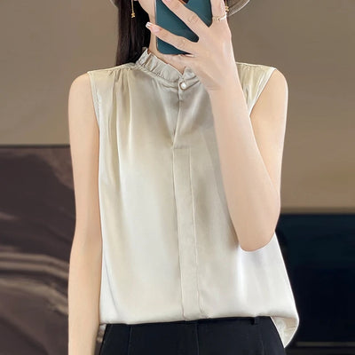 White Silk Women's T-Shirts Summer Stand Collar Sleeveless Tees Fashion Solid Color Bottom Lace T-Shirt Loose Female Button Tops