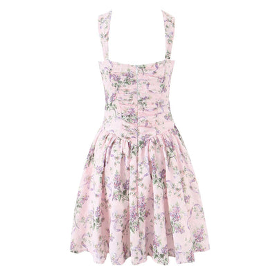 Printed waist cinching suspender dress for women