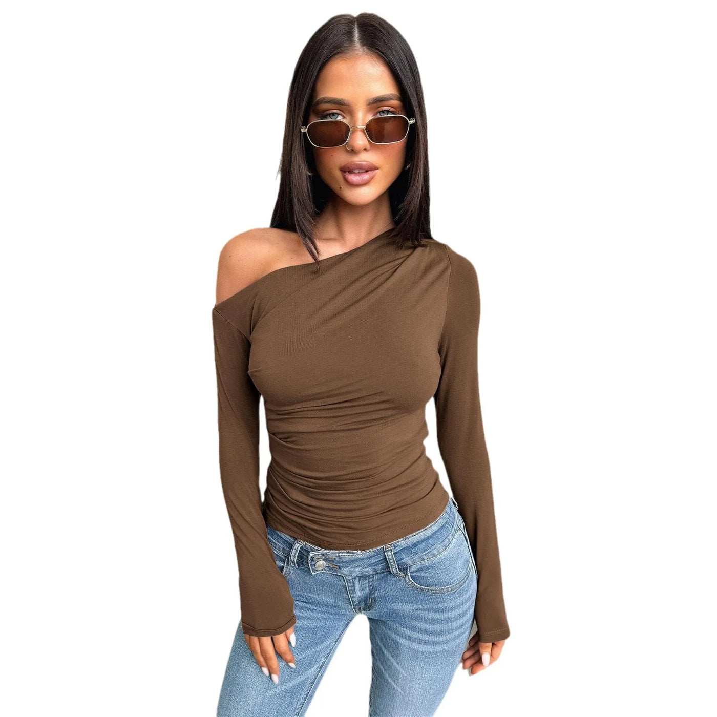 Women's One Shoulder Top Spring Summer Lady's Solor Color Bottoming Shirt Female Slim Base Shirt Women's Top With Sleeves