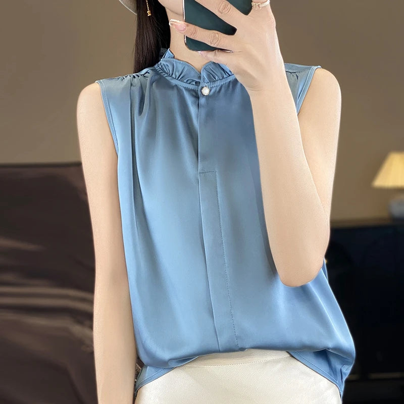 White Silk Women's T-Shirts Summer Stand Collar Sleeveless Tees Fashion Solid Color Bottom Lace T-Shirt Loose Female Button Tops