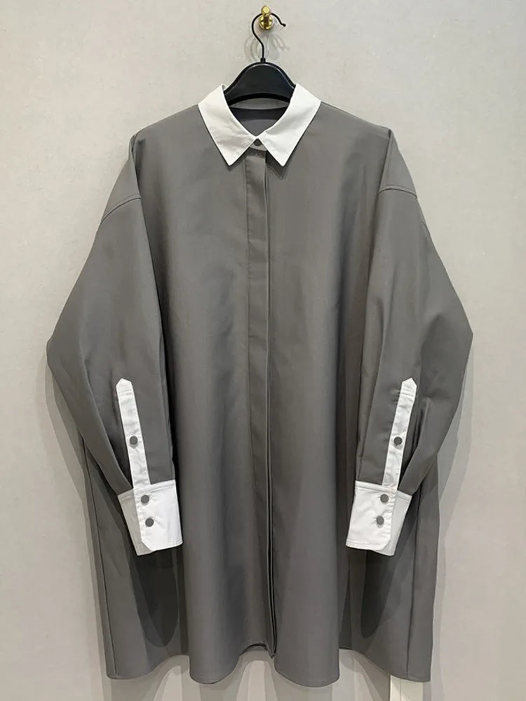 Fashion Women's Shirt Lapel Loose Fit Single Braested Long Sleeve Contrast Color Blouse Female Tide Autumn