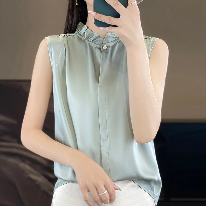 White Silk Women's T-Shirts Summer Stand Collar Sleeveless Tees Fashion Solid Color Bottom Lace T-Shirt Loose Female Button Tops