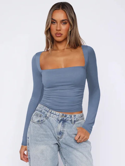 Spring Summer Women's Long Sleeve T-shirt Female Slim Square Neck Top Y2K Lady's Solid Color Bottoming Shirt Women's Clothing