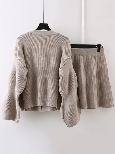 Elegant Knited Two-piece Set Women's V-neck Single Breasted Cardigan With Short Skirts Female