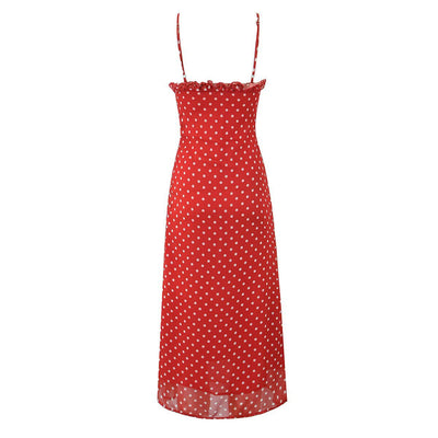 Lotus leaf edge embellished polka dot suspender dress for women