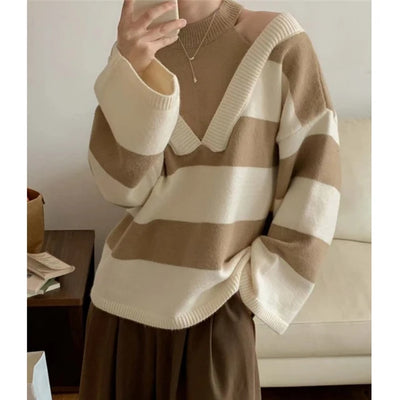 Women Sexy Off Shoulder Patchwork Chic Striped Knitted Sweater Female O Neck Long Sleeve Loose Pullover Tops Y2K Casual Jumpers