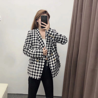 Houndstooth pattern breasted jacket women