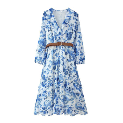 V-neck ruffle edge layered decoration with belt dress for women
