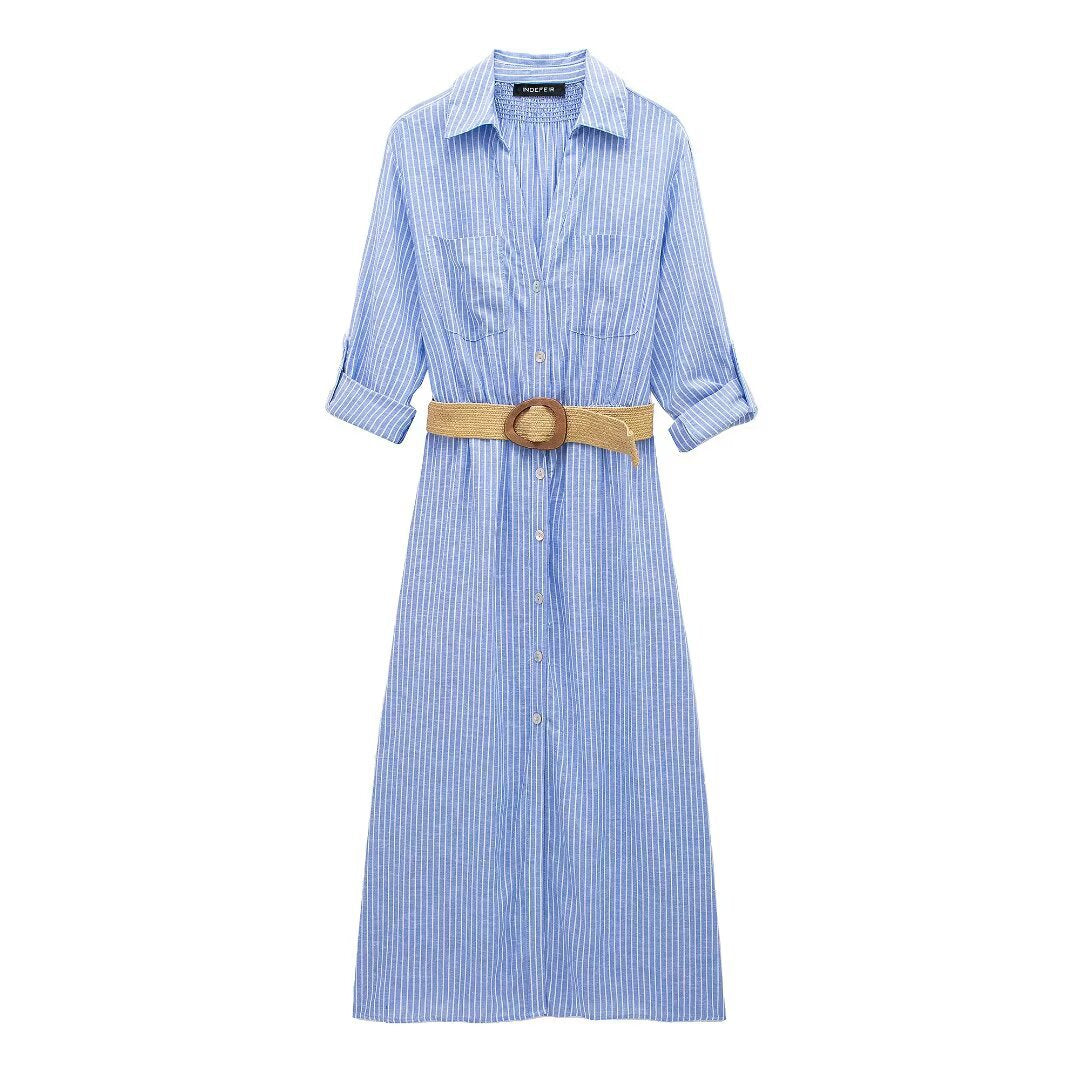 Collar striped single breasted dress with belt and shirt style dress