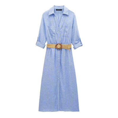 Collar striped single breasted dress with belt and shirt style dress
