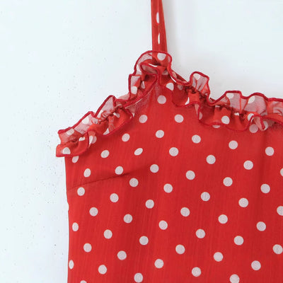 Lotus leaf edge embellished polka dot suspender dress for women