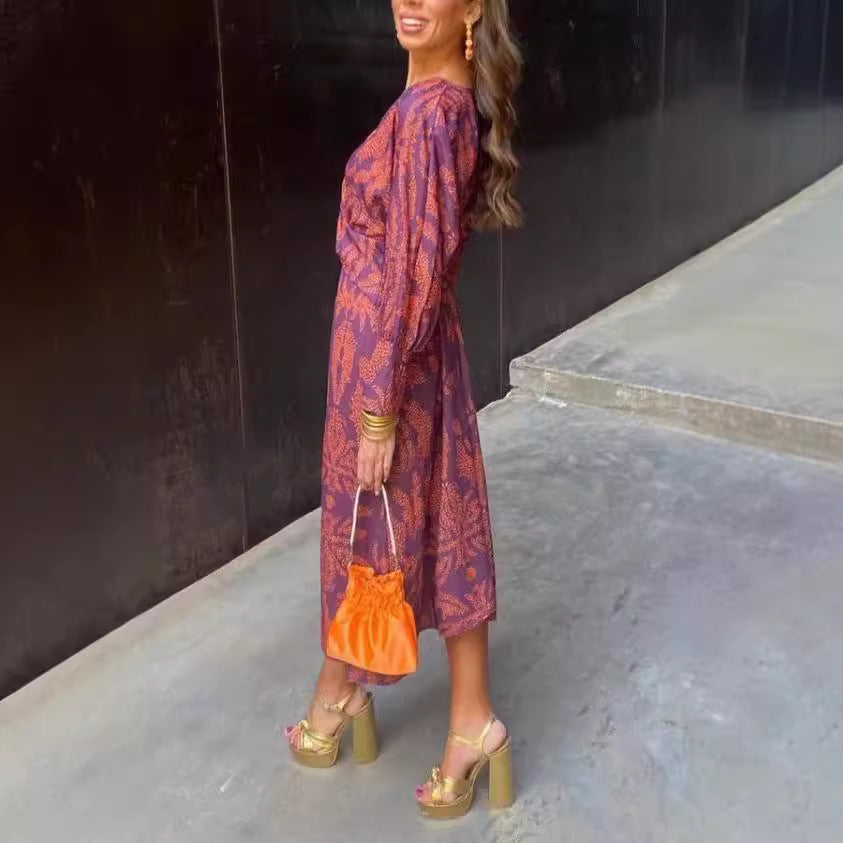 Printed V-neck medium length dress for women