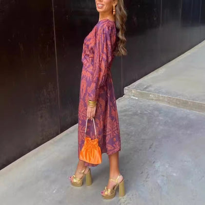 Printed V-neck medium length dress for women