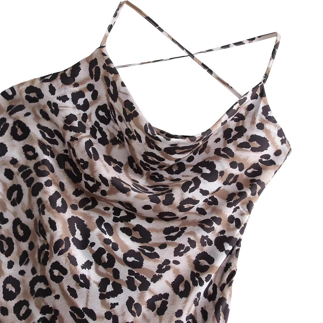 Leopard print backless swing collar camisole dress for women
