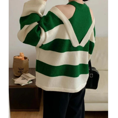 Women Sexy Off Shoulder Patchwork Chic Striped Knitted Sweater Female O Neck Long Sleeve Loose Pullover Tops Y2K Casual Jumpers