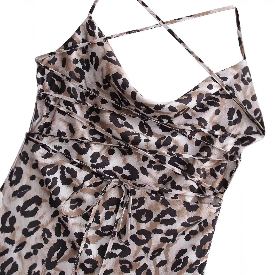 Leopard print backless swing collar camisole dress for women